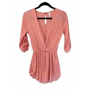 Sage The Label Coral Romper Small Surplice Boho Resort Vacation Pink 3/4 Sleeve